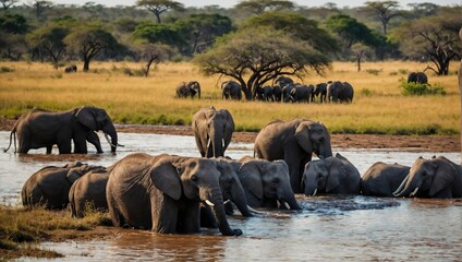 Obraz premium a herd of African elephants bathing in a savannah river