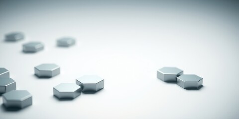 Abstract metallic hexagonal shapes scattered on a white surface