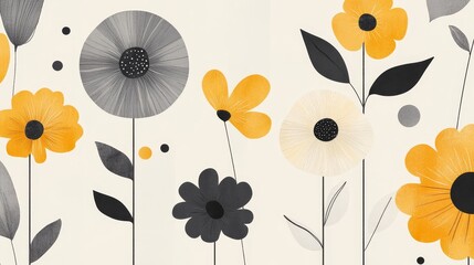 Minimalistic composition with geometric objects and flowers. Balancing flowers with varied shapes. Modern abstract botanical background. Trendy colors of 2021 year - gray and yellow.