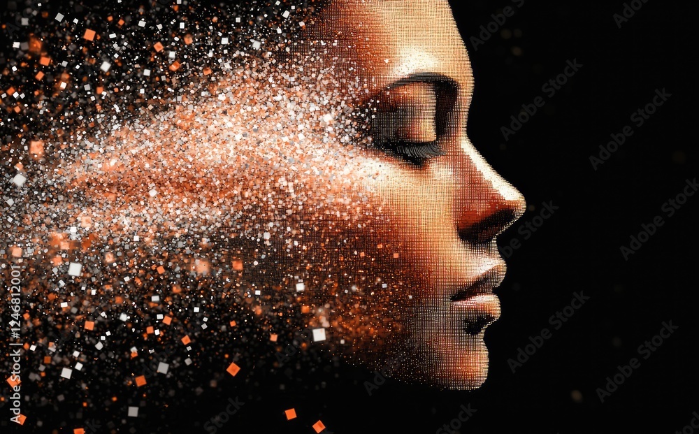 Poster Abstract digital art of a woman's face dissolving into shimmering particles and cubes on a dark background, representing technology, creativity, and transformation
