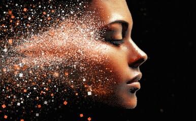 Abstract digital art of a woman's face dissolving into shimmering particles and cubes on a dark background, representing technology, creativity, and transformation