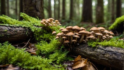 Fototapeta premium cluster of small mushrooms with brown caps growing from an old tree trunk covered with green moss in the forest