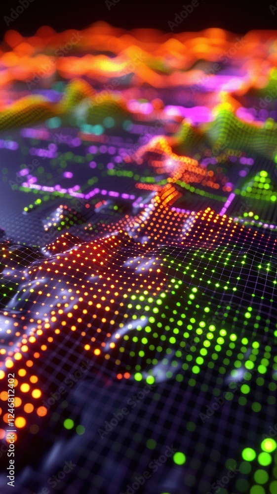 Poster a vibrant, abstract visualization of data with colorful dots and wave patterns, suggesting technolog