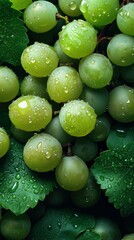 Obraz premium Top-down view of fresh white grapes forming a seamless background. The juicy clusters exhibit a lush texture and vibrant aesthetics, highlighting their organic abundance and natural appeal.