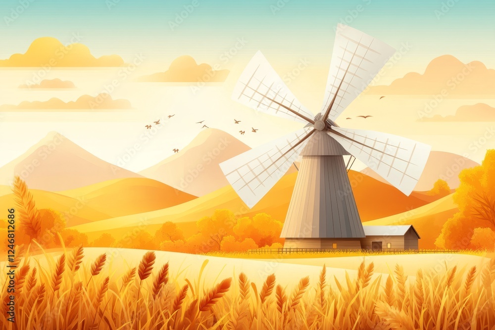 Poster a simple vector illustration of a windmill on a farm with rolling hills in the background