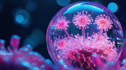 Obraz premium Fluorescent virus particles inside a crystal globe, [global health, symbolic art], imaginative representation of global disease containment.