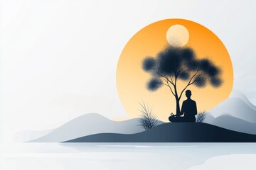 A flat 2D illustration of a philosopher meditating under a tree, symbolizing wisdom and enlightenment