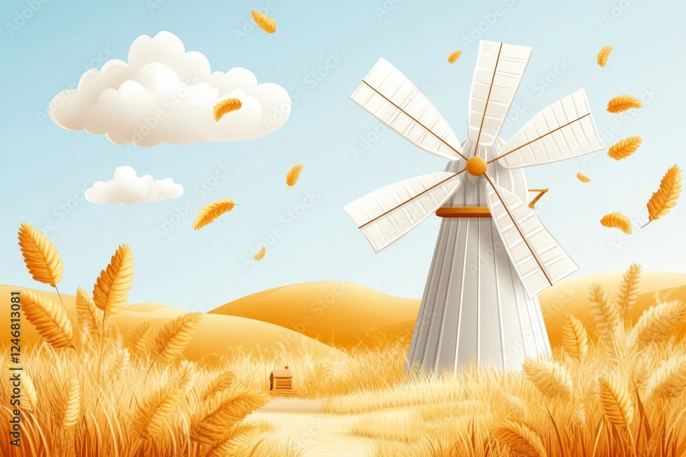 Poster a simple vector illustration of a windmill on a farm with rolling hills in the background