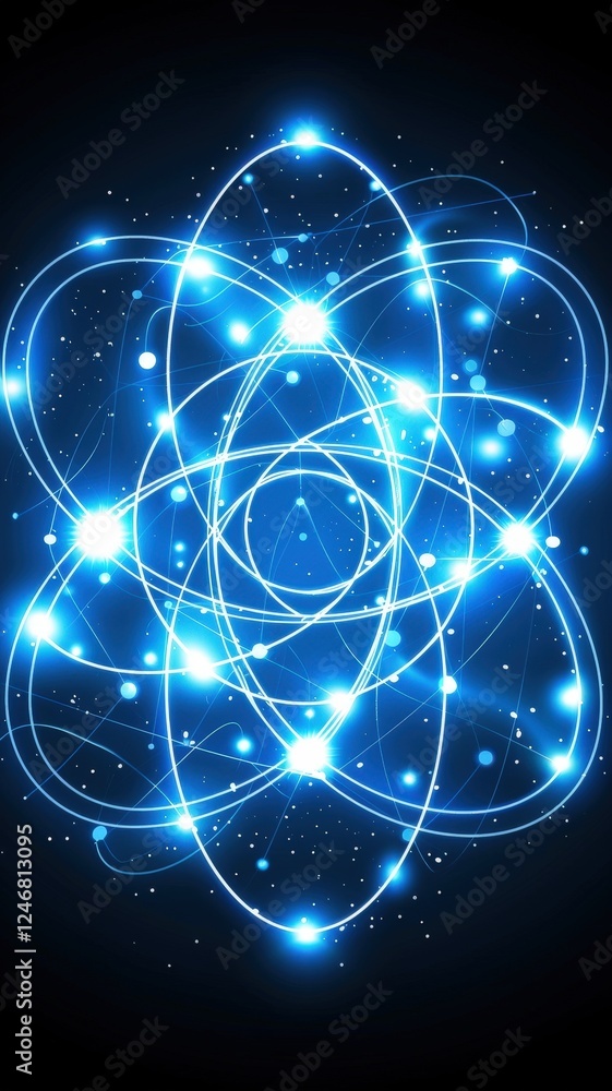 Poster a glowing blue atomic structure surrounded by orbiting particles, set against a dark background, rep