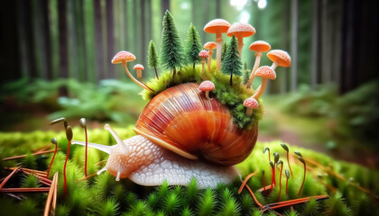 Snail in the forest with plants and mushrooms in its shell. Fantasy art