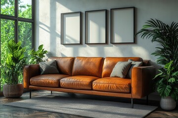 sleek mockup featuring a pristine white wall adorned with empty frames accompanied by a luxurious dark brown leather sofa softly lit to enhance the elegance and create a modern ambiance