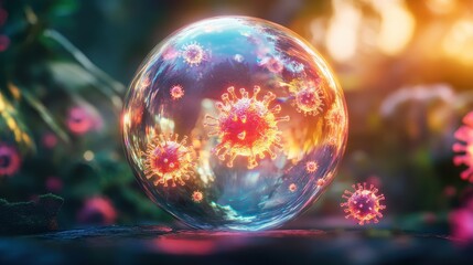 Fluorescent virus particles inside a crystal globe, [global health, symbolic art], imaginative representation of global disease containment.