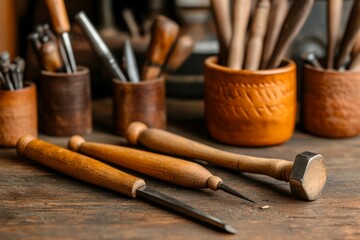 A flat, modern design of a sculptor chisel and hammer forming a perfect geometric shape