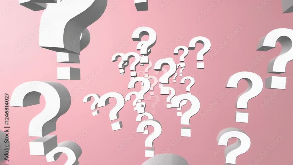 Poster white question marks drifting across soft pink background, representing mental exploration, cognitiv