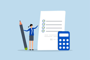 Project cost estimation, businesswoman with calculator estimate cost from project document