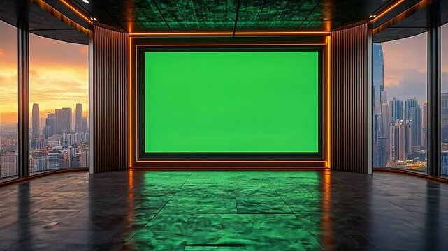 High-Tech Studio with City View: An expansive modern studio with a vibrant green screen at its center, offering a perfect backdrop, all set against a panoramic cityscape.