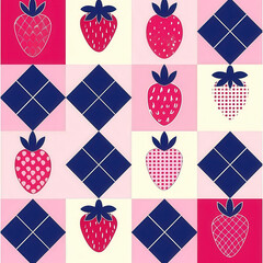 Geometric berry pattern featuring symmetrical strawberries in vibrant colors