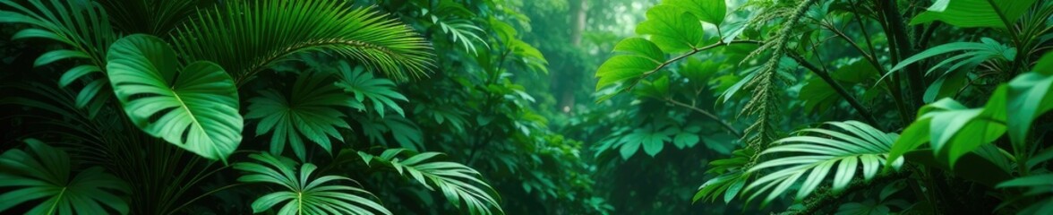 Obraz premium Overlapping foliage of tropical plants and vines in a lush jungle bush, plant, greenery, plants