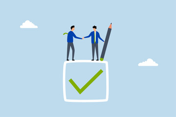 Fototapeta premium Commitment, businessman handshake on tick completed checkbox