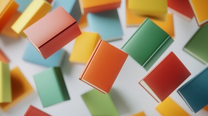 Colorful hardcover books flying on white background