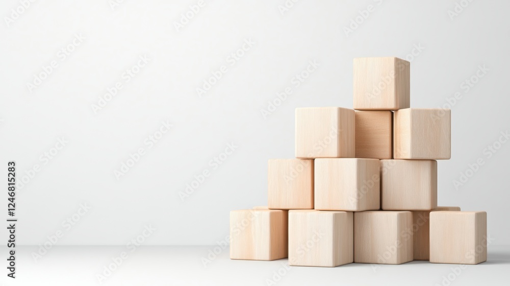 Poster stacked wooden blocks on minimalist background ideal for creative projects and educational concepts