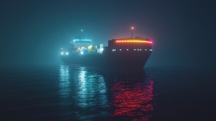 Fototapeta premium Night view of a container ship with lights reflecting on the water, emphasizing quiet strength and solitude. 