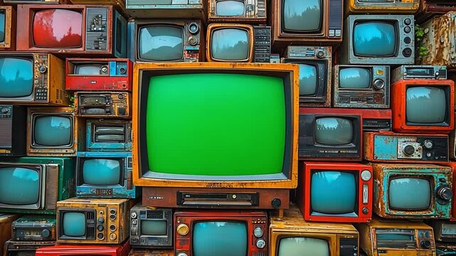 Vintage Televisions Green Screen: A captivating collage of vintage televisions, each showcasing a unique design and color, surrounds a central television with a vibrant green screen.