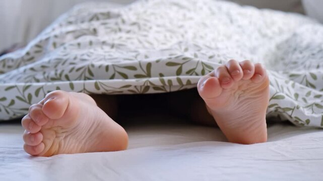 Barefoot. Awakening child is lying in cozy bed sticking out his feet from under the blanket stretching moving toes and hiding its after. Daytime sleep. Morning relaxation time. Comfortable mattress.