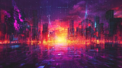 Fototapeta premium Futuristic Cityscape with Neon Colors and Digital Effects