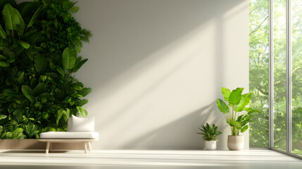 A bright, modern interior featuring lush green plants, a minimalist sofa, and large windows allowing natural light to fill the space.