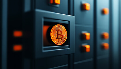 Bitcoin physical representation in futuristic server setting, showcasing digital currency infrastructure.