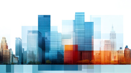 A modern city skyline features overlapping glass buildings in blue and orange hues, creating a vibrant, abstract representation of urban architecture.