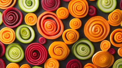Colorful Spiral Cut Vegetables on Dark Background, Healthy Eating Design