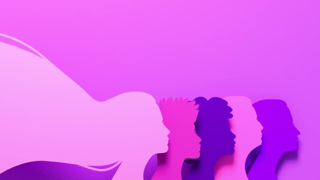 Women's Day video with silhouettes of different women's faces in paper cut and copy space, 3D animation. Females for feminism, independence, empowerment and activism for women rights
