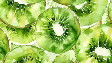 Vibrant hand painted kiwi slices in fresh green tones, showcasing juicy fruit details and artistic flair