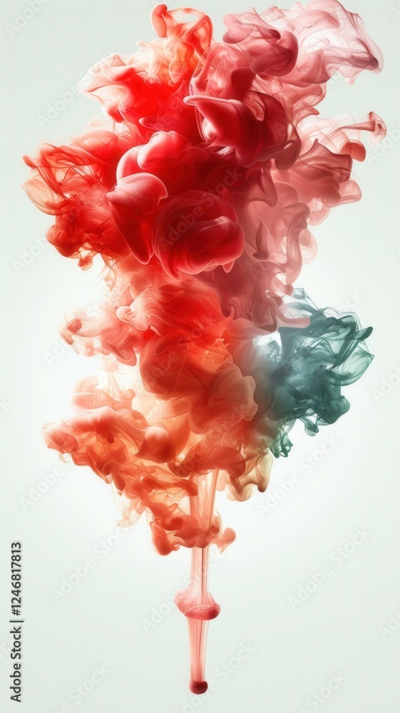 Poster a vibrant swirl of red and teal ink mixes in water, creating an abstract and colorful visual display