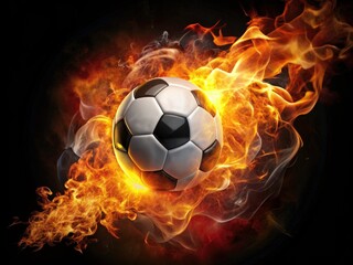 Naklejka premium Burning football, abstract flames engulf a black background.