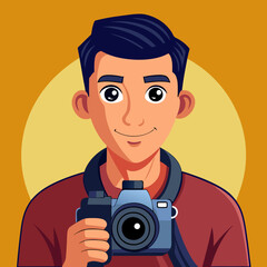 Photographer smiling while holding a camera against a yellow background