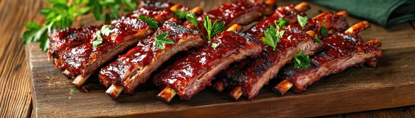 Deliciously glazed ribs garnished with fresh herbs, presented on a wooden board, ideal for BBQ lovers.