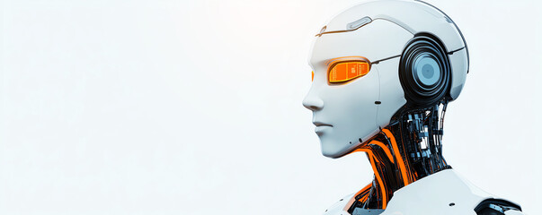 Fototapeta premium Futuristic humanoid robot with glowing orange details on white background, symbolizing advanced technology.