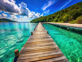 Fototapeta premium Calm ocean, scenic pier, and crystal turquoise water define this peaceful, idyllic summer paradise.