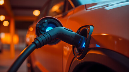 Close-Up of Electric Vehicle Charging Port with Vibrant Ambient Lighting in Urban Setting, Showcasing Eco-Friendly Technology Advancement