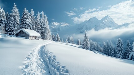 Tranquil Winter Scene with Snowy Landscape and Cabin