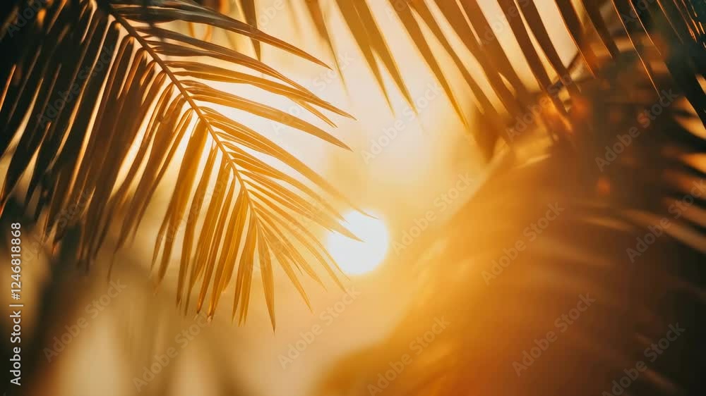 Poster golden sunlight filters through tropical palm leaves, creating a mesmerizing slow motion sequence pe