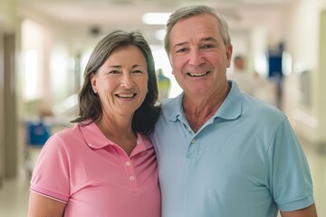 Fototapeta premium Portrait of a glad caucasian couple in their 50s wearing a breathable golf polo while standing against busy hospital hallway background