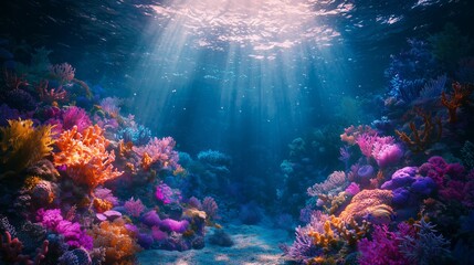 Fototapeta premium Vibrant Underwater Coral Reef with Sunlight Rays
