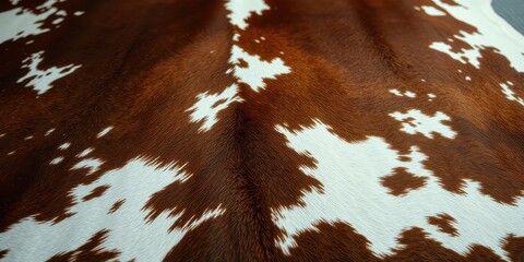Close-up view of a brown and white animal hide texture, showcasing the unique pattern and soft fur