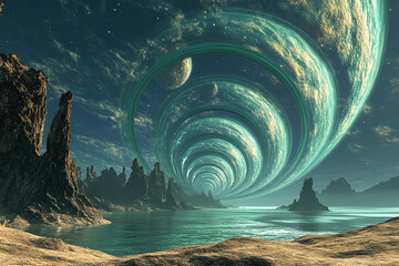 Cosmic journey through swirling portals in an otherworldly landscape filled with mountains and a winding path under a starry sky