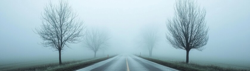 A tranquil road lined with bare trees fades into a misty background, creating an atmosphere of mystery and serenity.