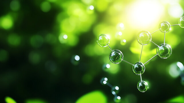 Molecular structure with green nature background, symbolizing eco-friendly technology and innovation.